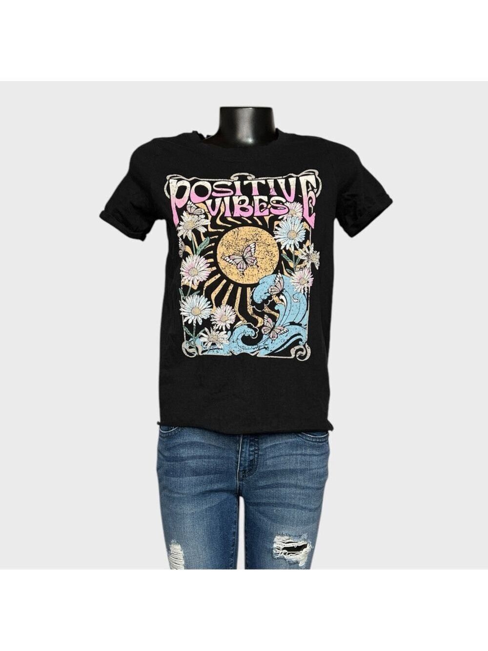 5/$25 ⭐️ Desiree Small Black Short Sleeve Graphic Tee Positive Vibes Butterfly